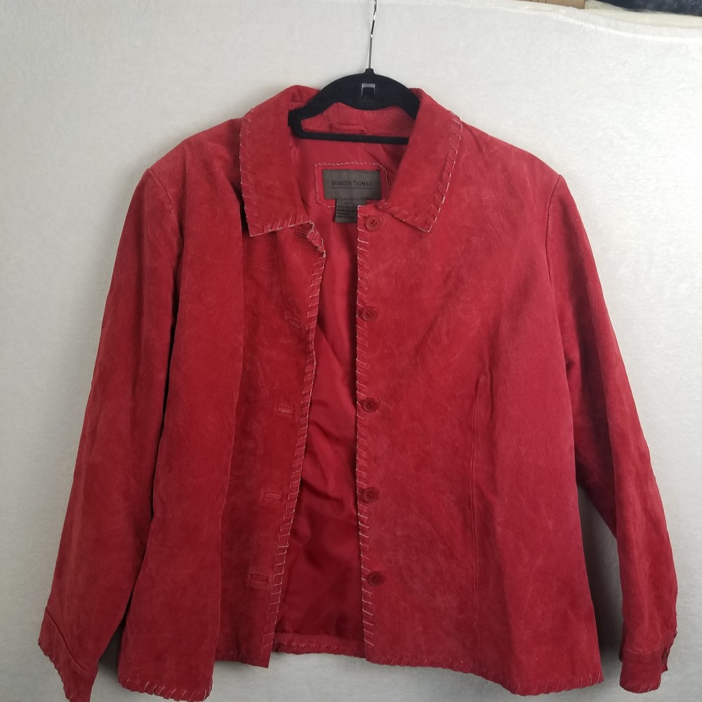 Brandon Thomas Red Suede Leather Jacket Women PL Whipstitch Detail